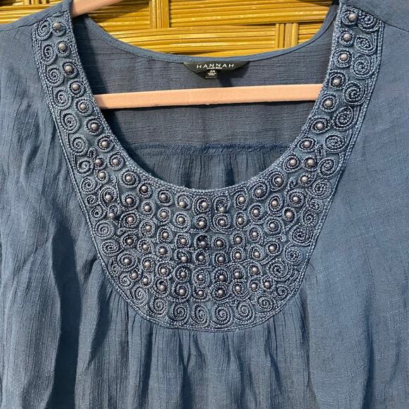 Hannah Plus 2X Blue Boho Embroidered Peasant Blouse bead detail cottagecore - Picture 5 of 6